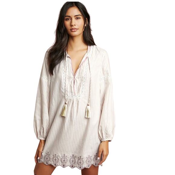 Anthropologie Tops - ANTHROPOLOGIE Floreat Women’s Boho Embroidered Tassel Tie Tunic Top